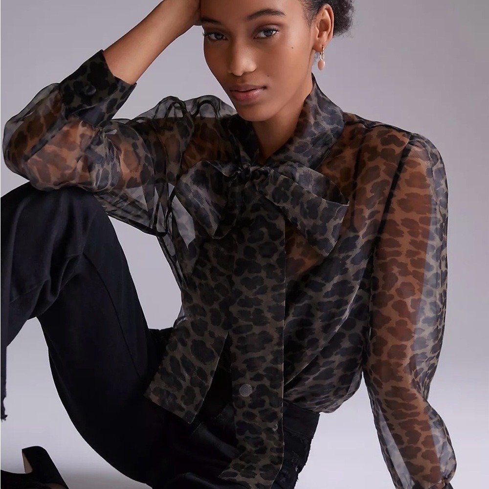 Mob Wife Mare Mare x Anthropologie Womens Sm NWT Sheer Leopard Bow Blouse Brown